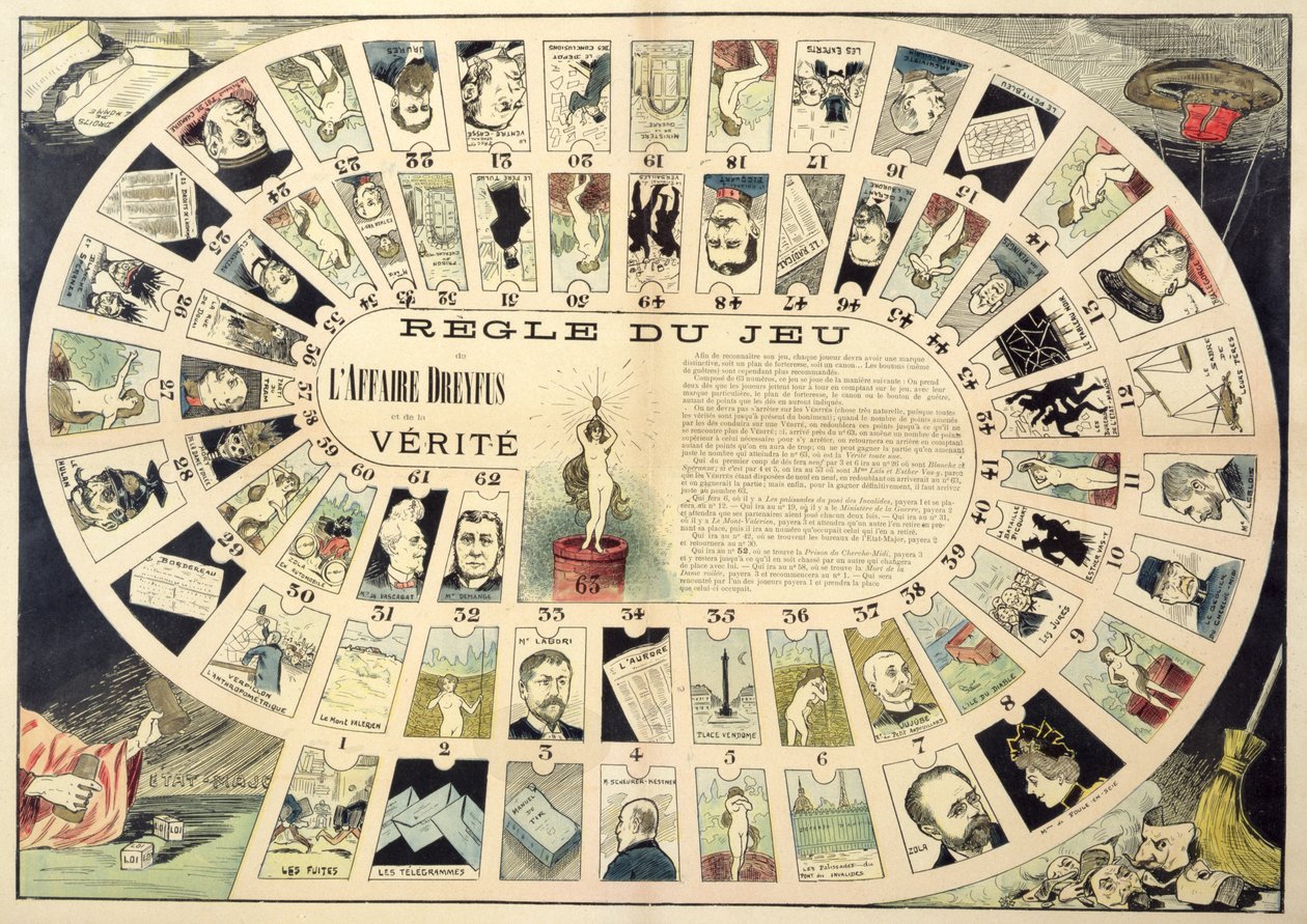 Het Dreyfus Affaire Spel, met portretten van de verschillende betrokkenen, eind 19e eeuw door French School