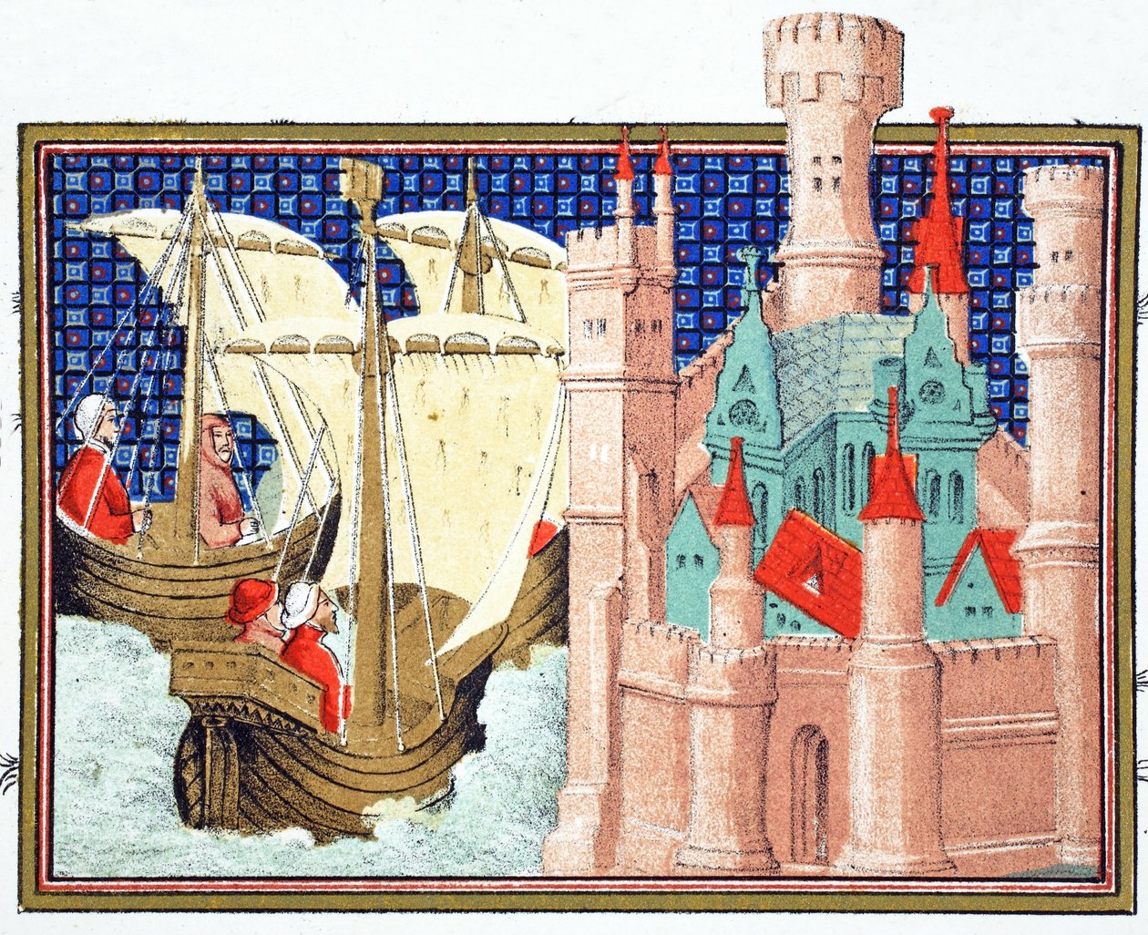 De hertog van Salisbury arriveert bij Conway Castle vanuit Ierland, facsimile kopie uit Le Prinse et Mort du Roy Richart door Jean Creton, herdrukt 19e eeuw door French School