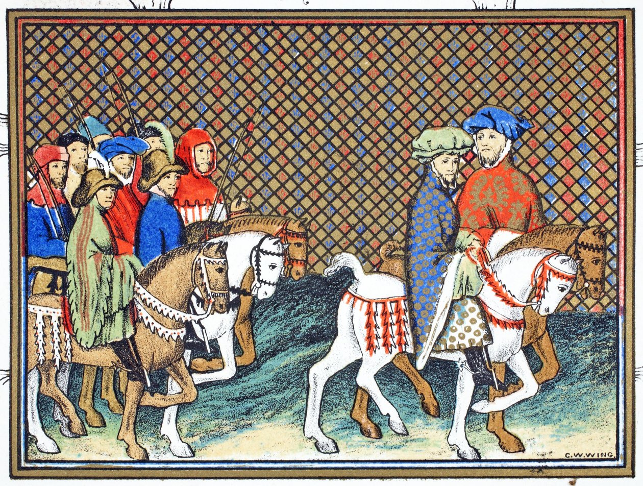 De hertogen van Exeter en Surrey gestuurd door Richard II van Conway Castle naar Chester om te onderhandelen met de hertog van Lancaster, facsimile kopie uit Le Prinse et Mort du Roy Richart door Jean Creton, herdrukt 19e eeuw door French School