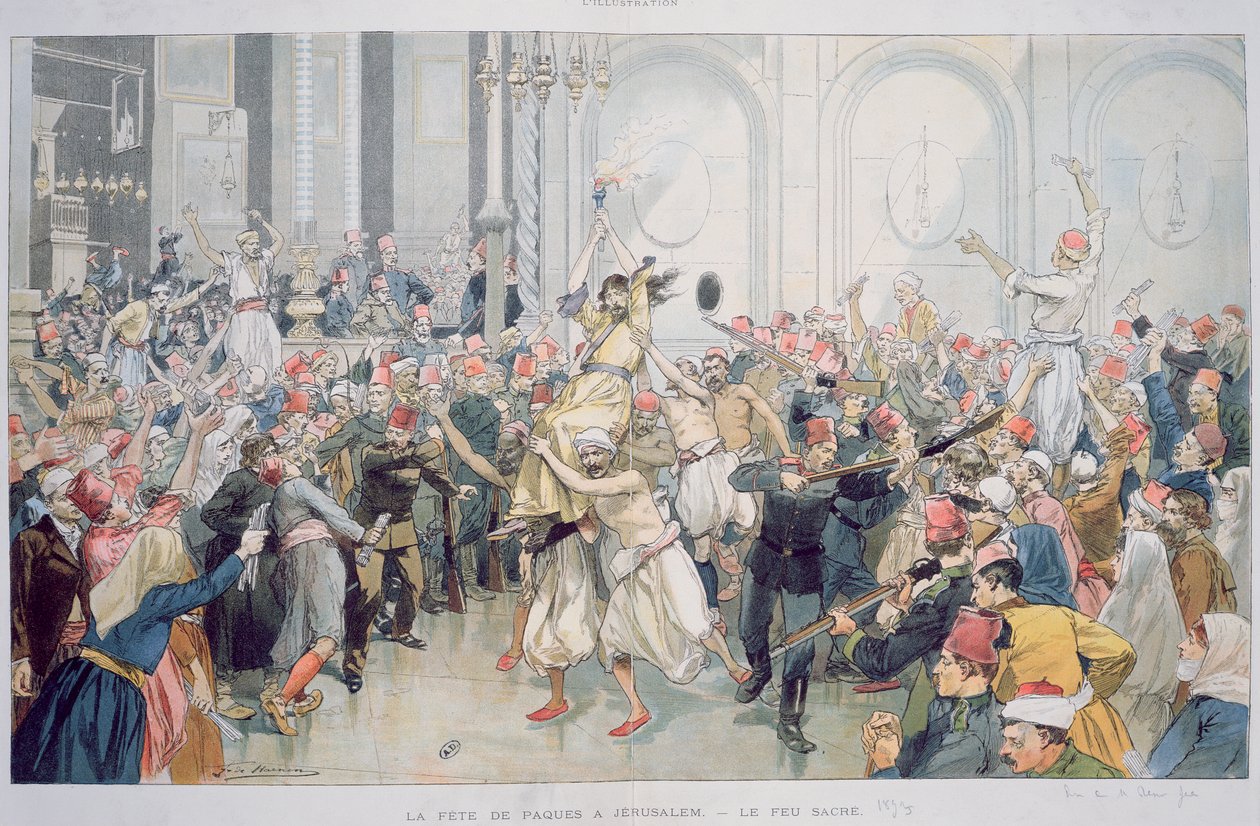 De Paasprocessie van het Heilige Vuur in Jeruzalem, 1895 door French School
