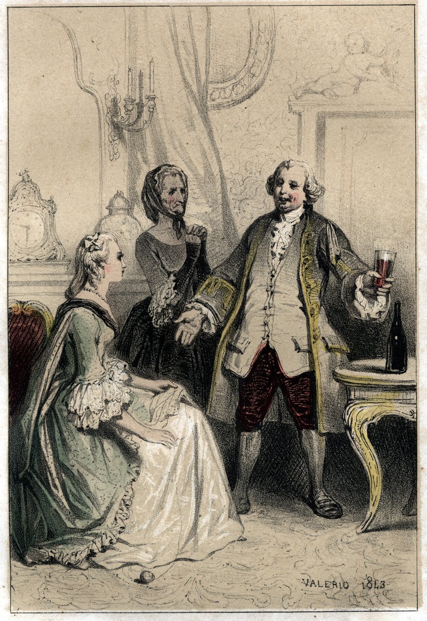 De Engelse komiek David Garrick (1717-1779), verkleed als koetsier, stormt een hertogin binnen die verlangend naar hem is om haar te proberen te overtuigen van de absurditeit van haar liefde voor hem. Plaat uit "Scenes de la vie des hommes célèbres" gravur door French School