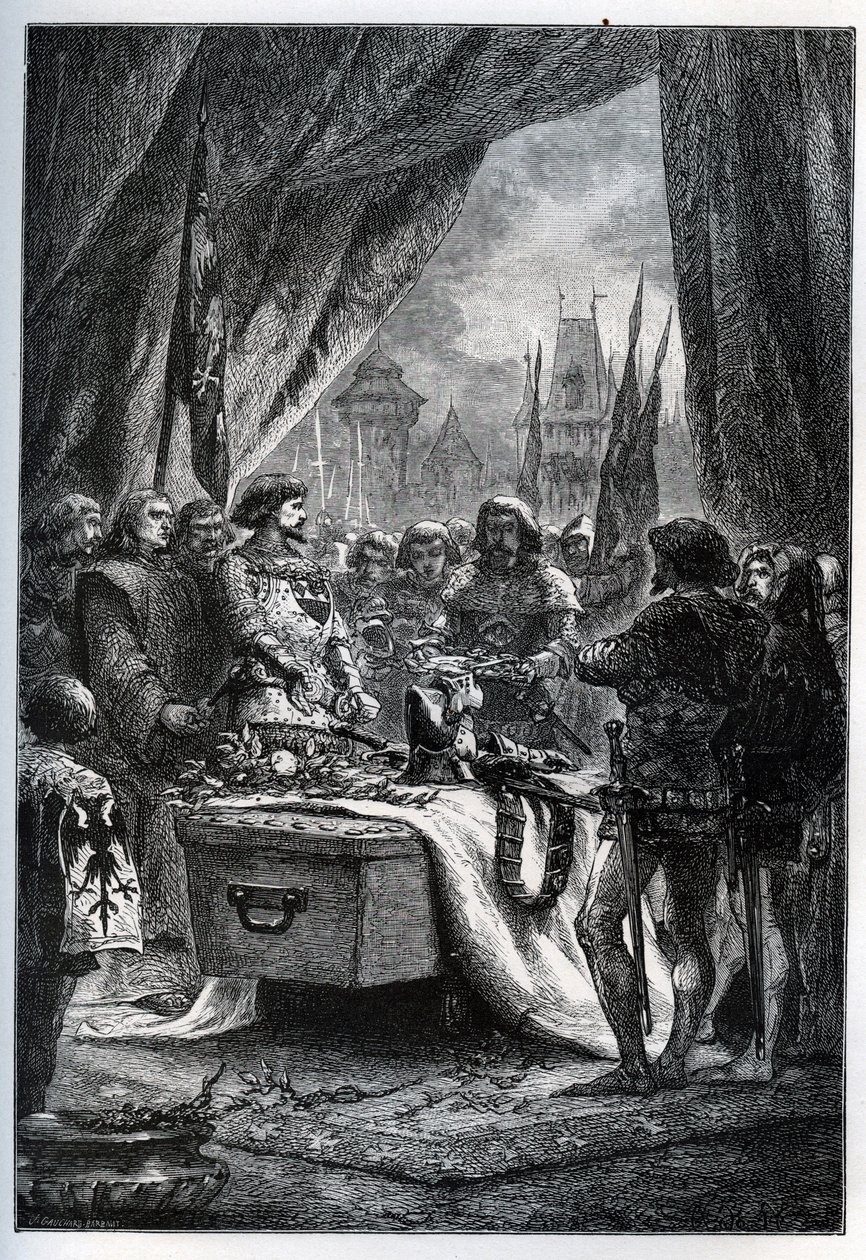 De Engelse gouverneur van Chateauneuf de Randon gaf zich over en legde de sleutels van het plein op de kist van Bertrand du Guesclin (1320-1380), op 13 juli 1380 voor wie de stad werd belegerd. door French School