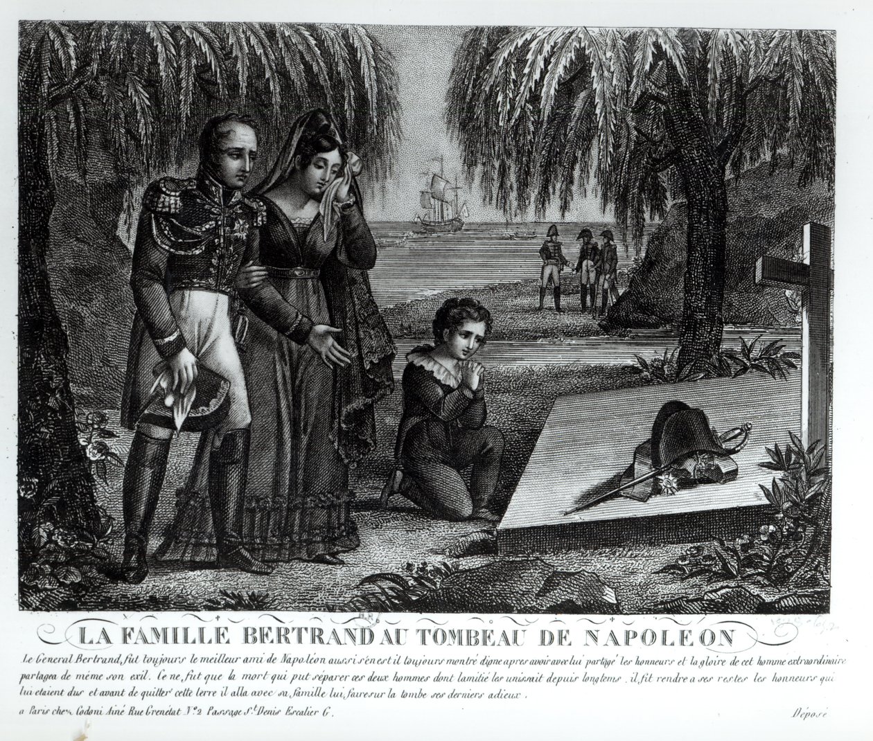 De familie van generaal Henri-Gratien Bertrand (1773-1844) bij het graf van Napoleon Bonaparte (1769-1821) 1821 (litho) (zw foto) door French School