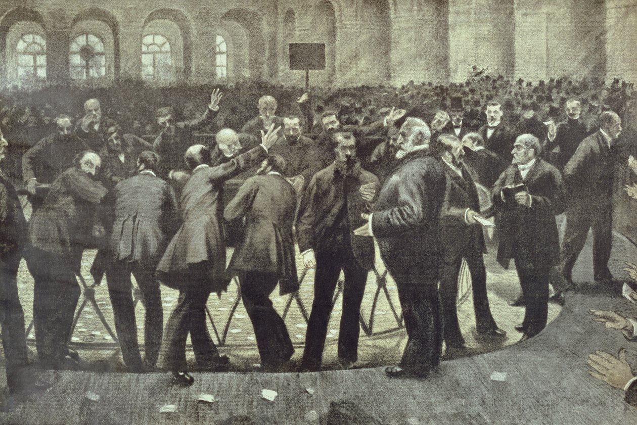 De beroemde Corbeille op de Parijse Beurs, ca. 1885 door French School