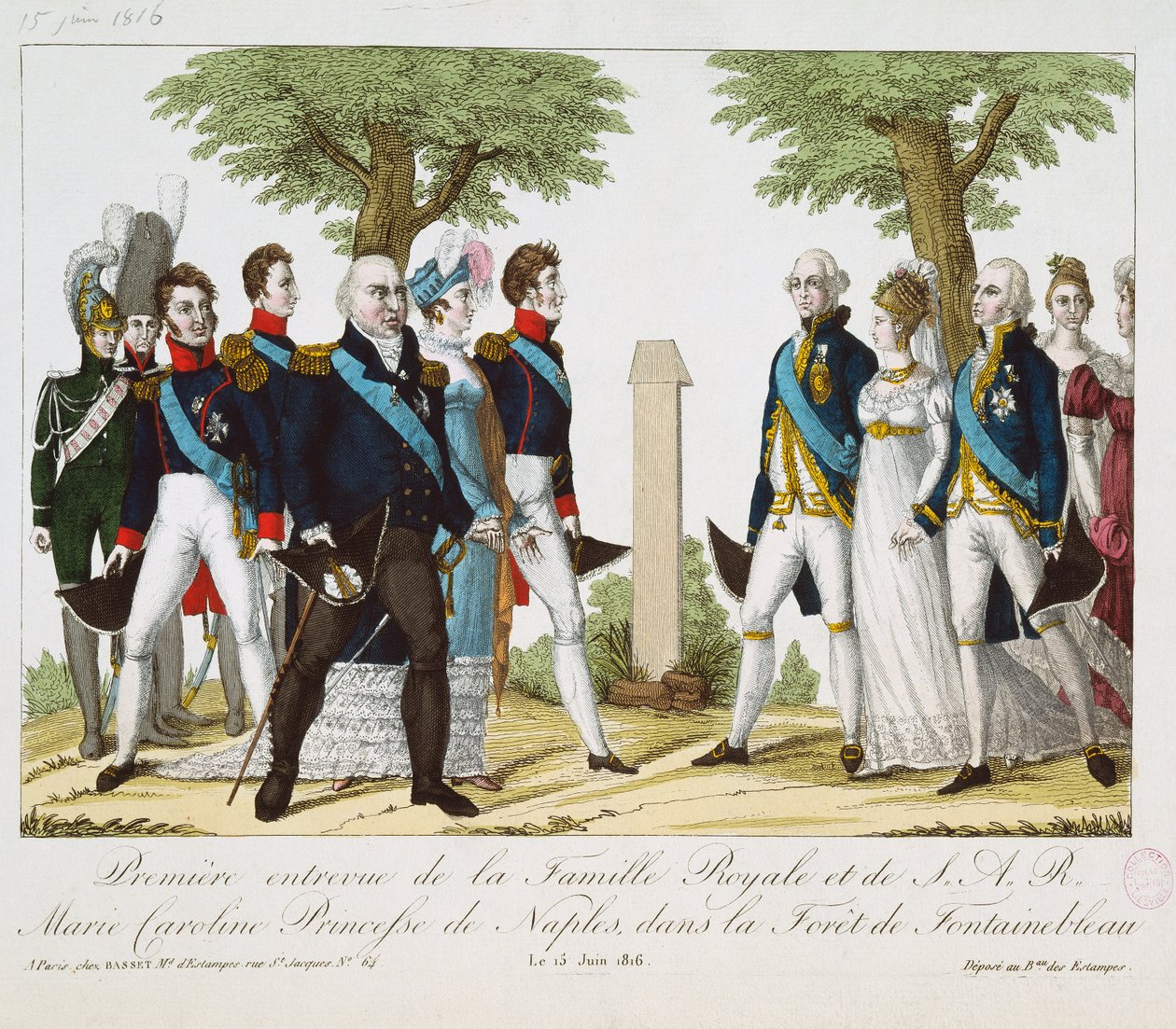 De eerste ontmoeting tussen Lodewijk XVIII en Marie-Caroline-Ferdinande van Bourbon, bij het Kruis van St. Herem in het bos van Fontainebleau, 15 juni 1816 door French School