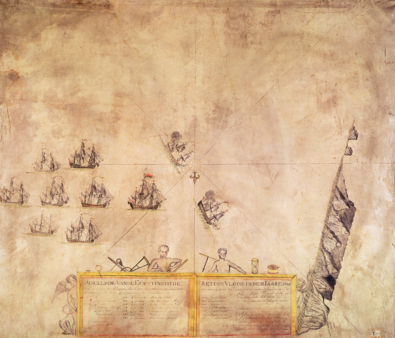 De vloot van de Nederlandse Oost-Indische Compagnie bij St. Helena, 1746 door French School