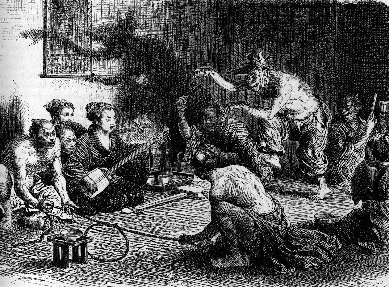 De vossenjacht in Japan. Gravure in 