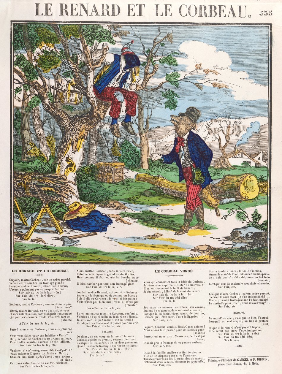 De vos en de raaf, ca. 1840 (gekleurde gravure) door French School