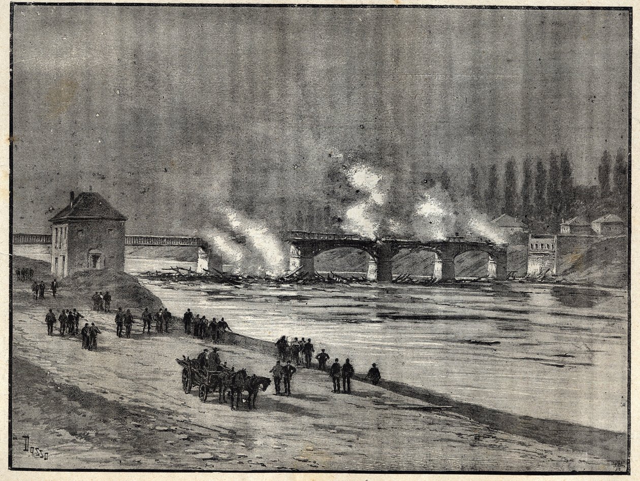 De Frans-Pruisische Oorlog - De verdediging van Parijs - het verbranden van de brug van Asnières - Brand van de brug van Asnières tijdens het beleg (verdediging) van Parijs - Gravure in 