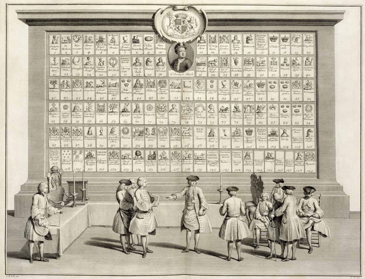 De Vrijmetselaars, met tekens voor de verschillende loges, uit De Ceremonies van Religie en Gewoonte, c.1733 door French School