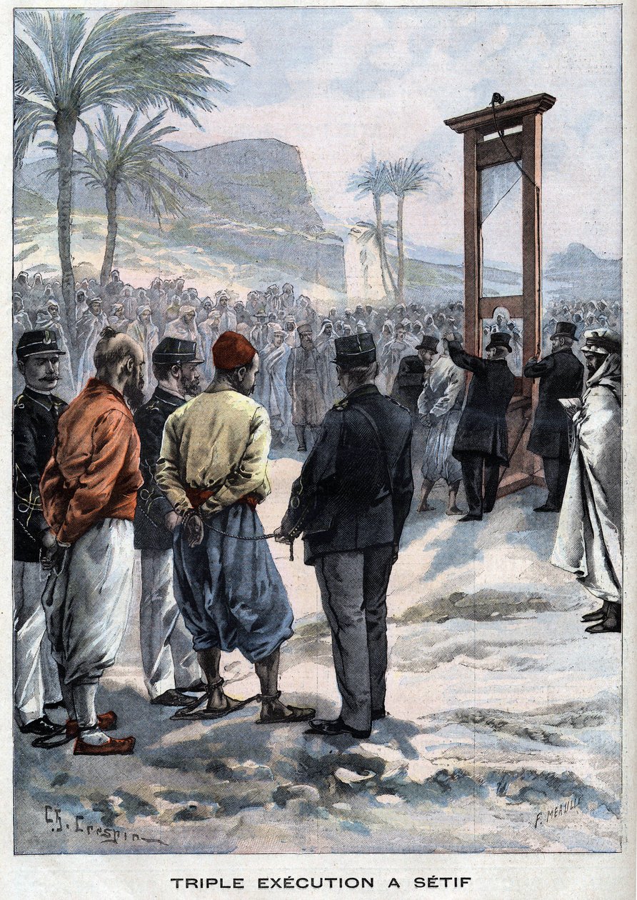 De Franse guillotine drie rebellen in Setif in Algerije - in 