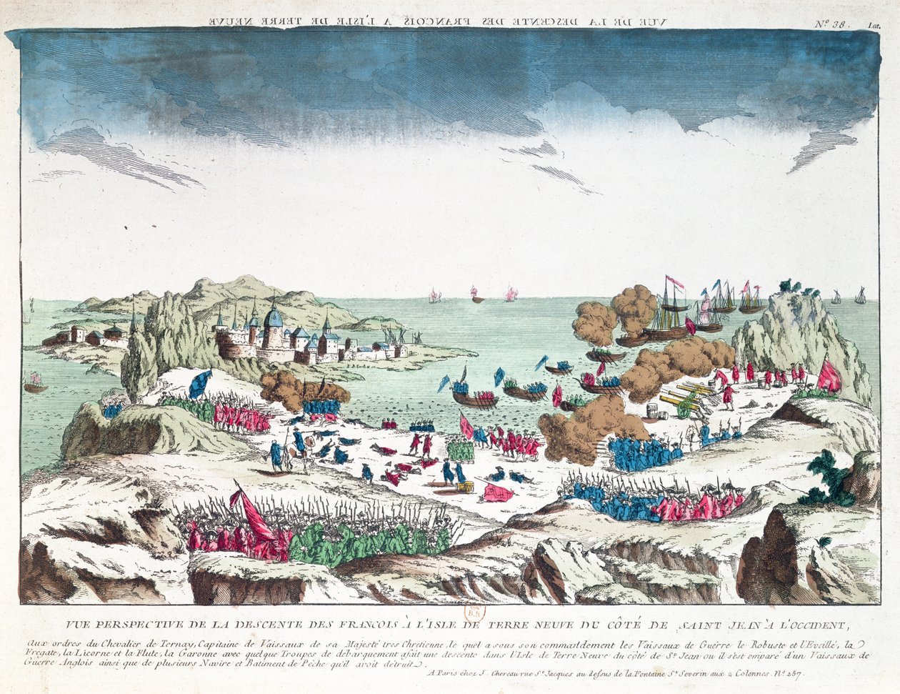 De Franse aanval op St. John in Newfoundland op 2 juni 1762 onder bevel van Chevalier du Ternay, eind achttiende eeuw door French School