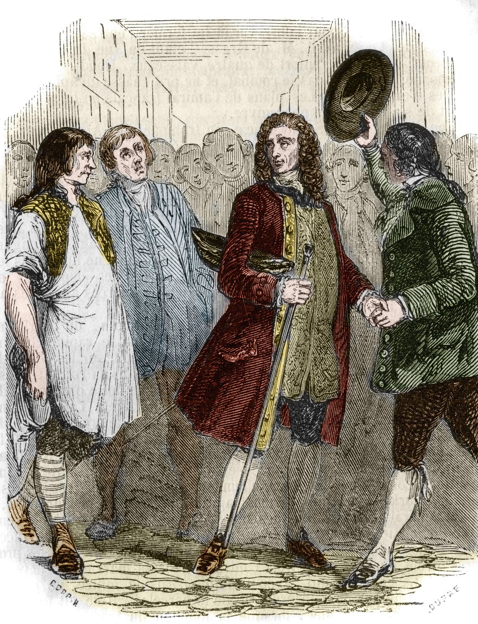 De Franse schrijver en filosoof Francois-Marie Arouet, genaamd Voltaire (1694-1778) keert terug naar Frankrijk na zijn ballingschap. Gravure uit de 19e eeuw door French School
