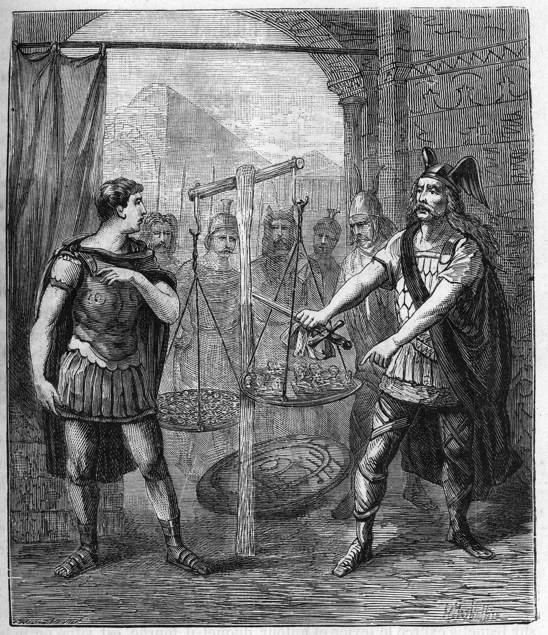 De Gallische legerleider Brennos (Brennus) verslaat de Romeinen en roept de 