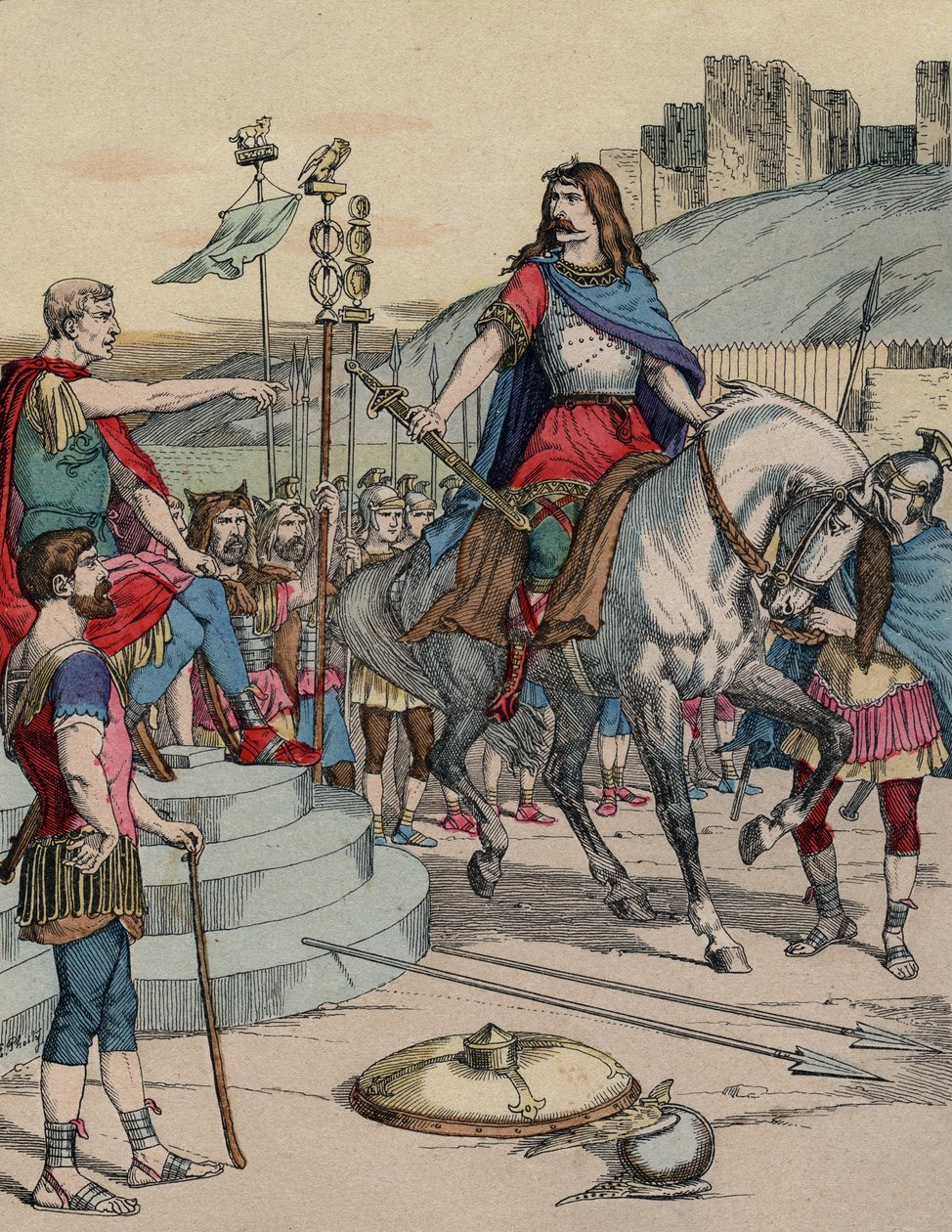 De Gallische leider Vercingetorix (72-46 v.Chr.) geeft zich over aan de Romeinse leider Julius Caesar (100-44 v.Chr.) na de slag bij Alesia in 52 v.Chr. door French School