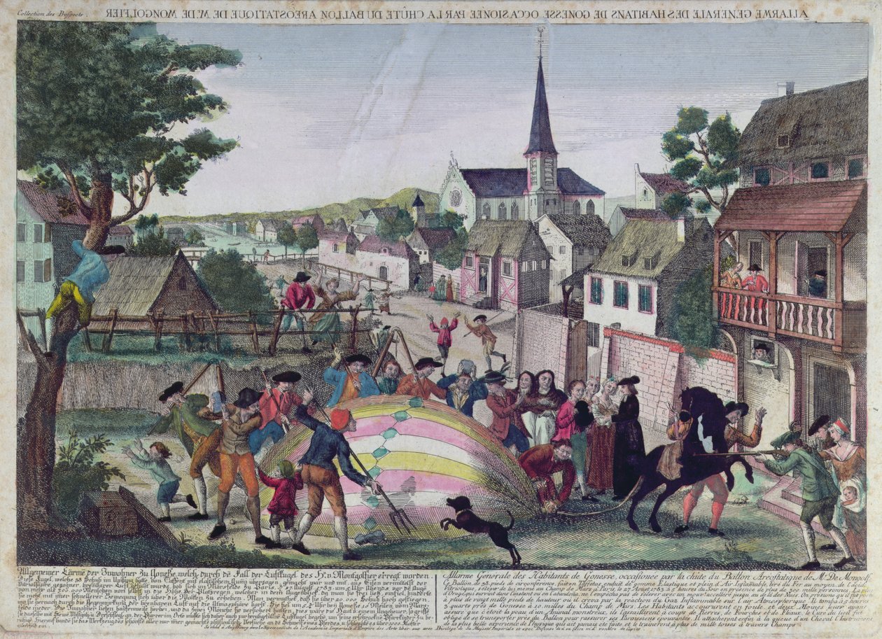 Het algemene alarm van de inwoners van Gonesse veroorzaakt door de landing van een ballon, 27 augustus 1783 door French School