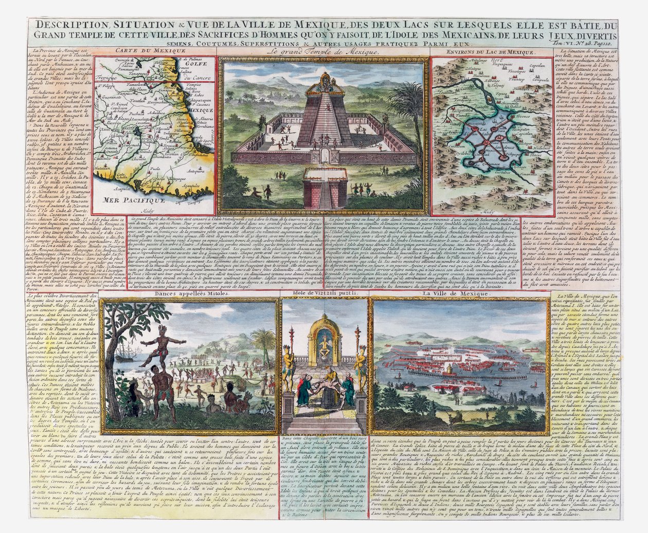 De Grote Tempel, kaarten van Mexico en zijn omgeving (gekleurde gravure) door French School