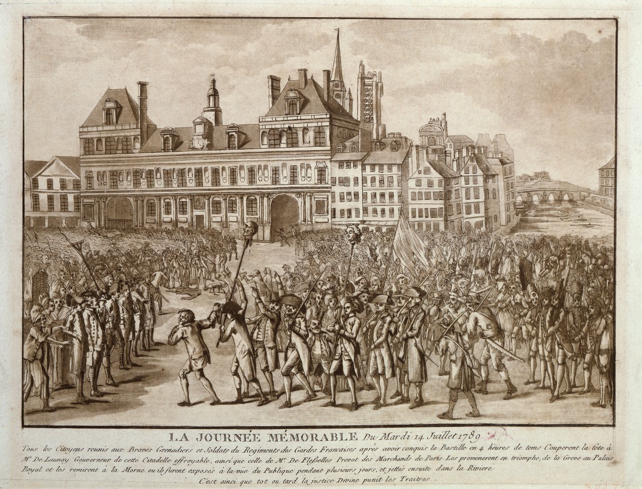 De hoofden van Launay en Flesselles gepromeneerd voor het Hôtel de Ville, 14 juli 1789 door French School