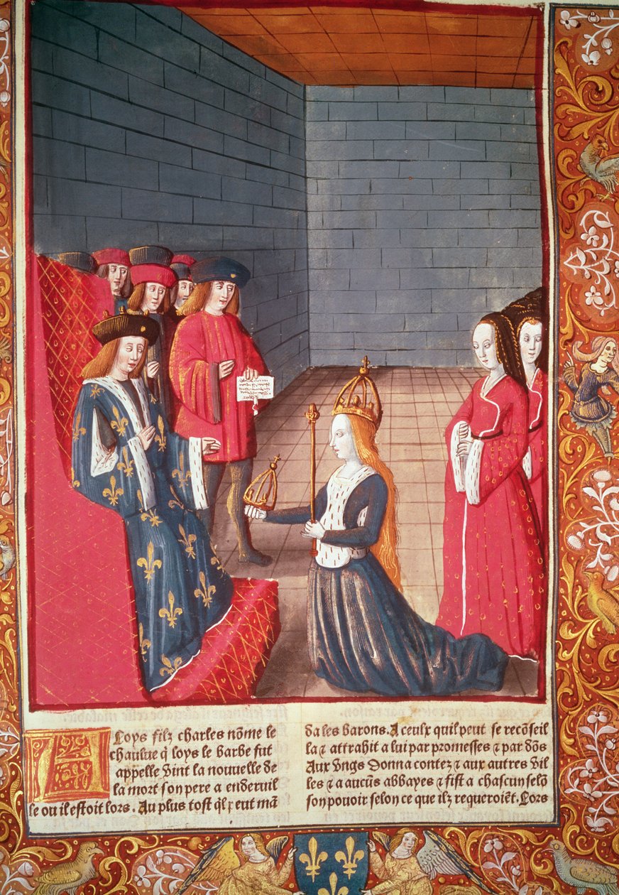 De Heilige Roomse Keizerin Richilde van Provence in Compiegne presenteert aan Lodewijk de Stamelaar de kroon en scepter die toebehoorden aan zijn vader Karel II 