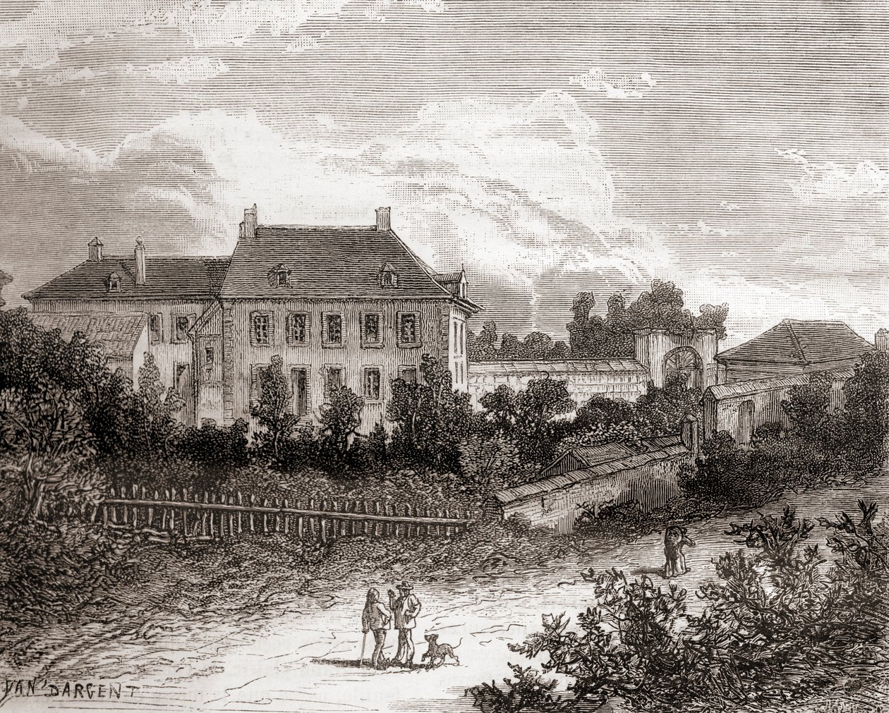 Het huis in Gras, nabij Chalon-sur-Saône, Frankrijk waar de Franse uitvinder Nicéphore Niépce heliografie ontwikkelde, uit Les Merveilles de la Science, gepubliceerd ca. 1870 (gravure) door French School