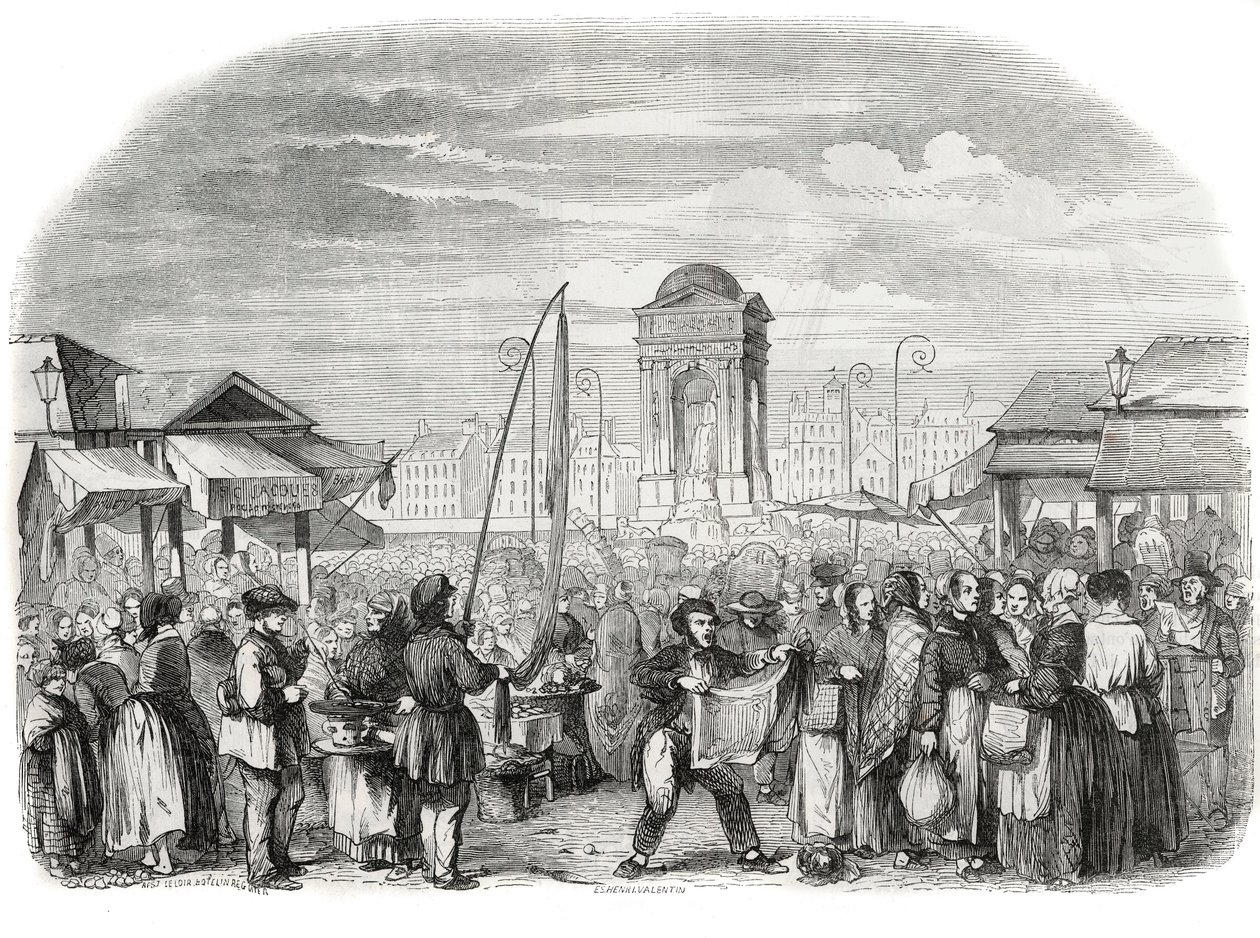 De Onschuldigen marcheren in Parijs met de fontein - Gravure in "Tableau-de-Paris" door Edmond Texier 1852 door French School