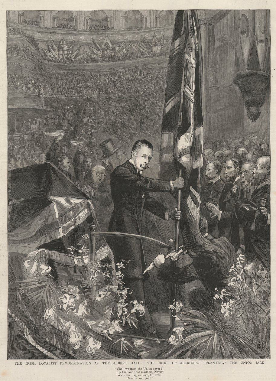 De Ierse loyalistische demonstratie in de Albert Hall, Londen, 1893: de hertog van Abercorn (James Hamilton) plant de Union Jack. door French School