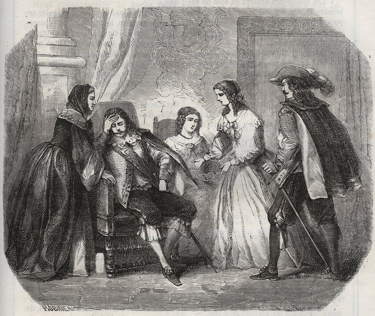 De koning van Frankrijk Lodewijk XIII (1601-1643) wordt getroffen door migraine wanneer hij spreekt met koningin Anna van Oostenrijk (1601-1666). Gravure uit 1871 in 