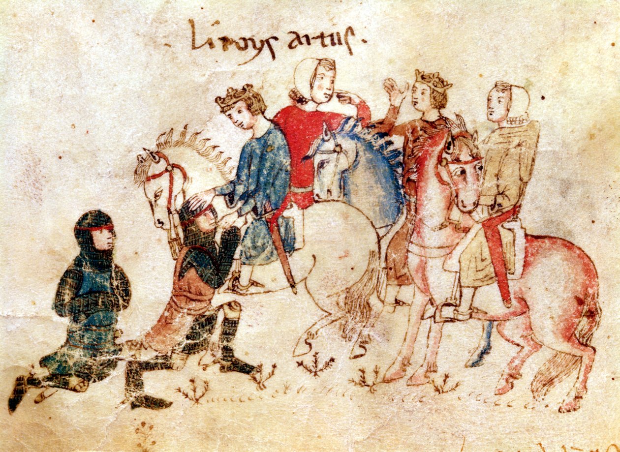 De ridders Esclabor en Arphasar bieden hun diensten aan koning Arthur aan, uit de Roman de Meliadus door French School