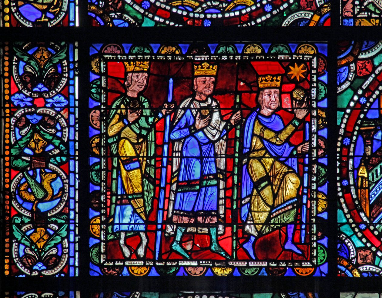 Het leven van Christus raam: De aanbidding van de wijzen (met het volgende paneel) door French School
