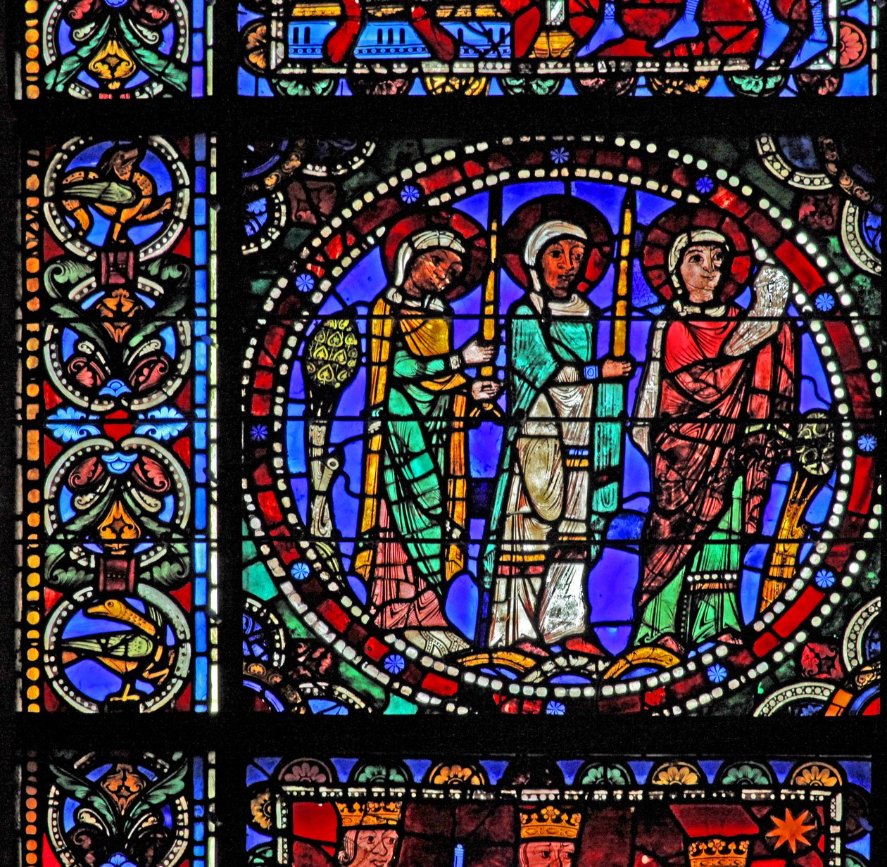 Het Leven van Christus-raam: Drie heiligen bij de Presentatie in de Tempel door French School