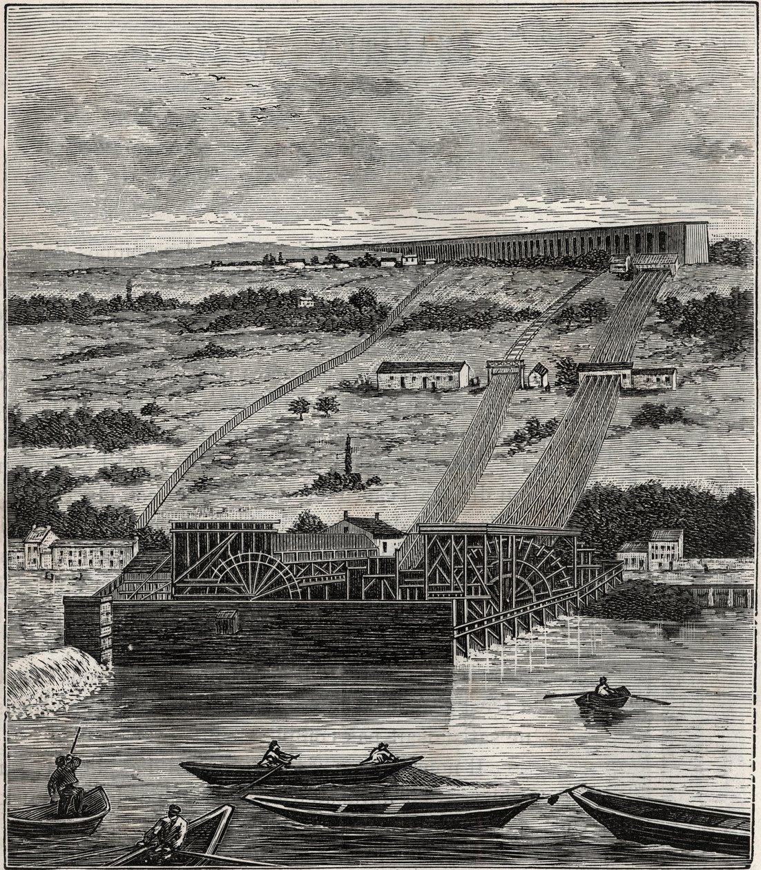 De Machine van Marly - Uitzicht op de machine van het aquaduct van Marly geïnstalleerd in Bougival - Het aquaduct van Louveciennes (of Marly) voor de watervoorziening van Versailles en het kasteel van Marly - Gravure in 