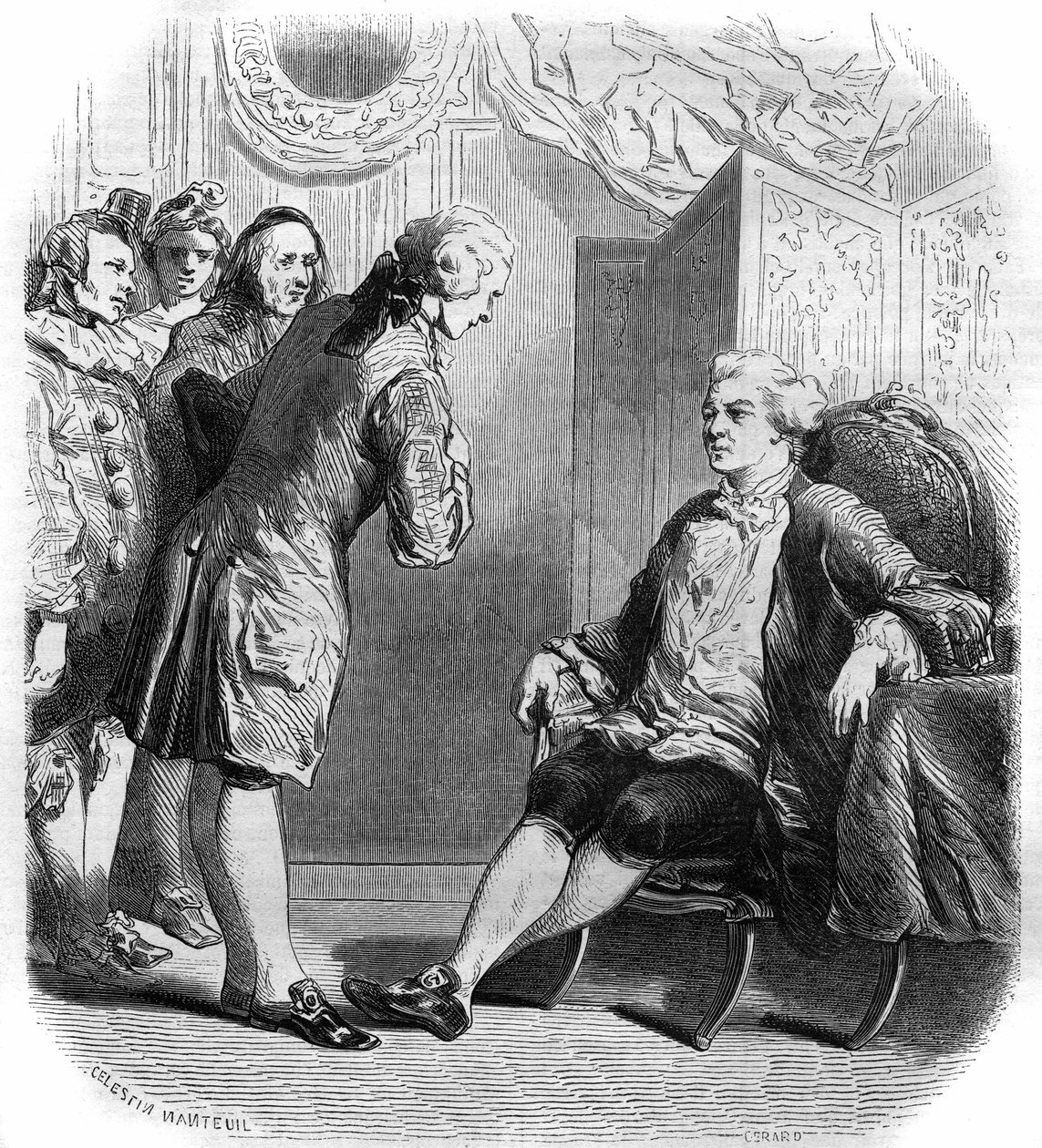 De markies de Puysieulx ontvangt Philippe Nericault Destouches (1680-1754) en zijn groep rondtrekkende komedianten. Gravure uit 1858-1859 door French School