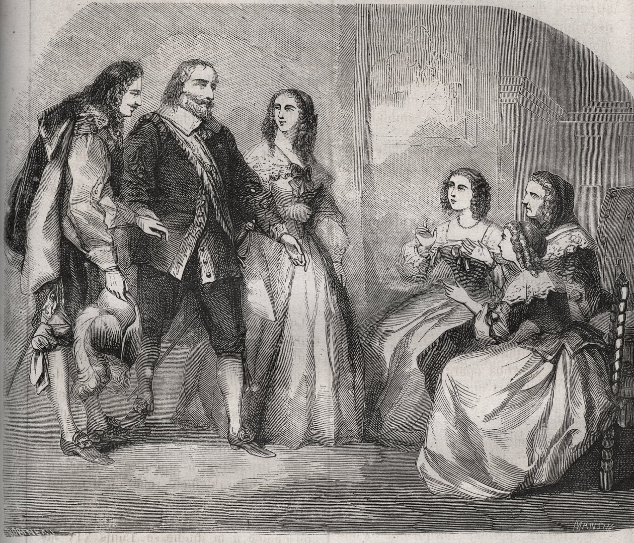 De markies van Montespan, Louis Henri de Pardaillan de Gondrin (1640-1691) (links) kwam het huwelijk voorstellen van Françoise Athénaïs de Rochechouart Mortemart (toen markiezin van Montespan of Madame de Montespan) door French School