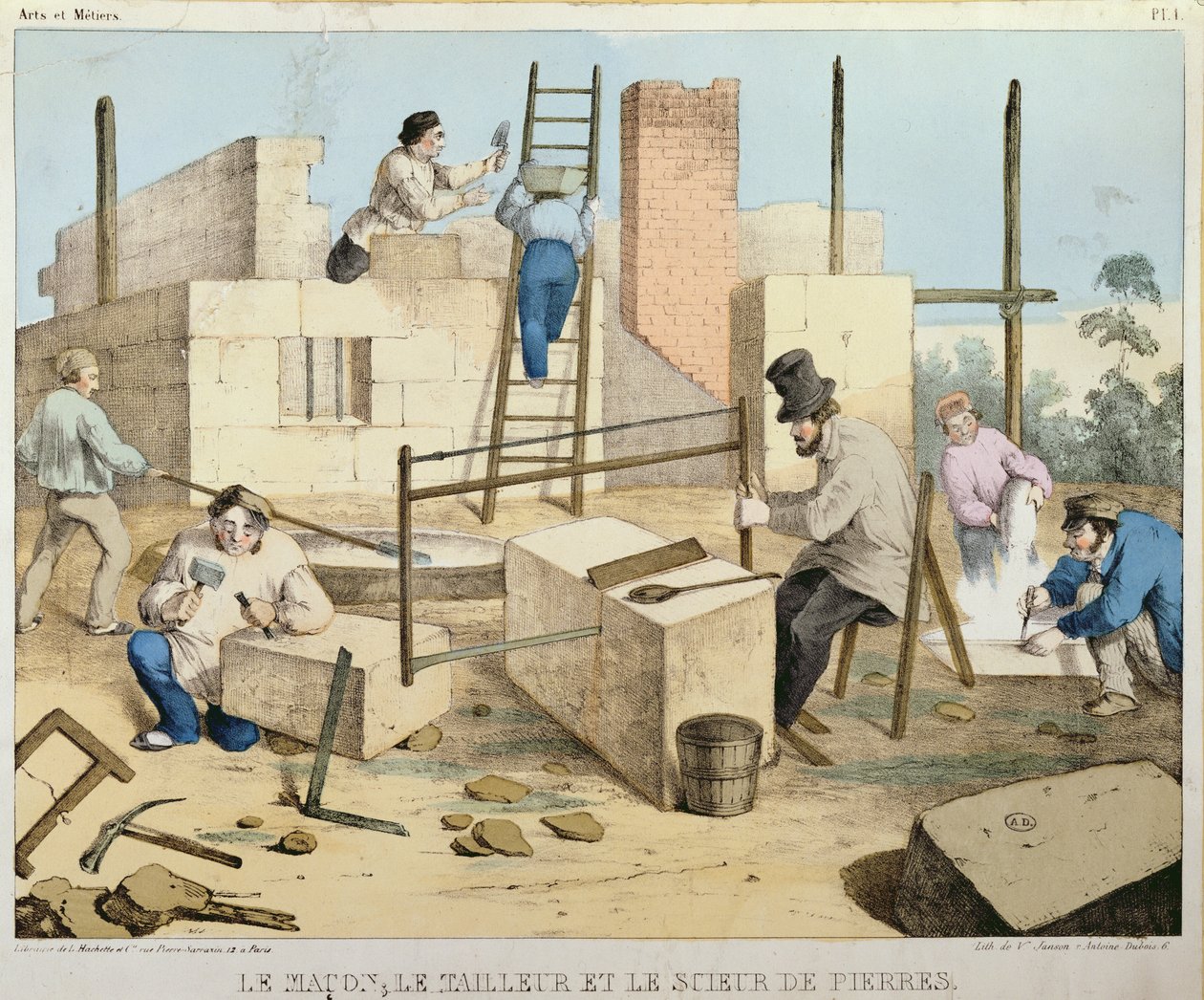 De metselaar, de steenhouwer en de steenzager, ca. 1860 door French School