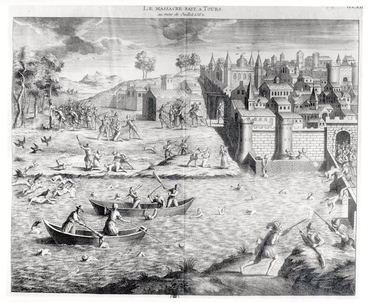 Het bloedbad van de Hugenoten in Tours in 1562 door French School