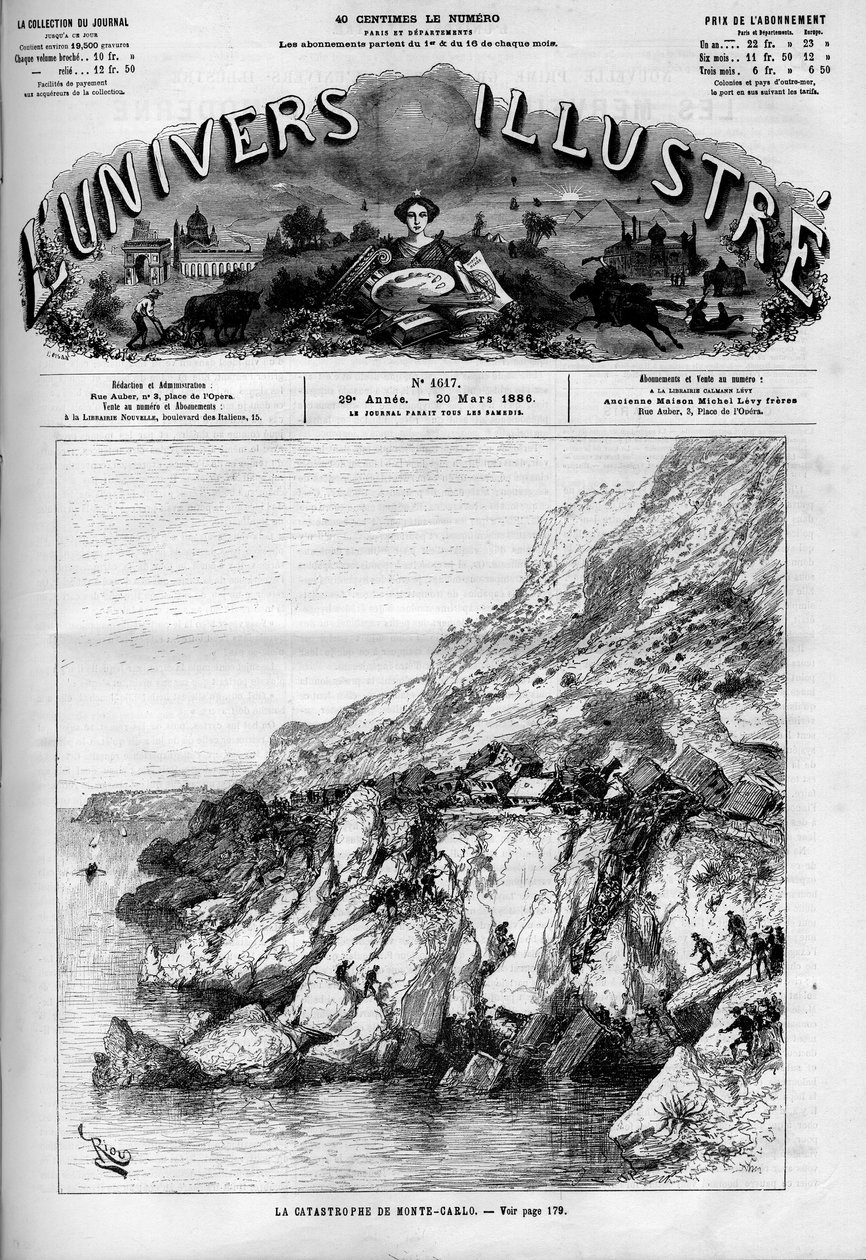 De ramp van Monte Carlo: treinongeluk op de spoorlijn langs de kust. Gravure in 