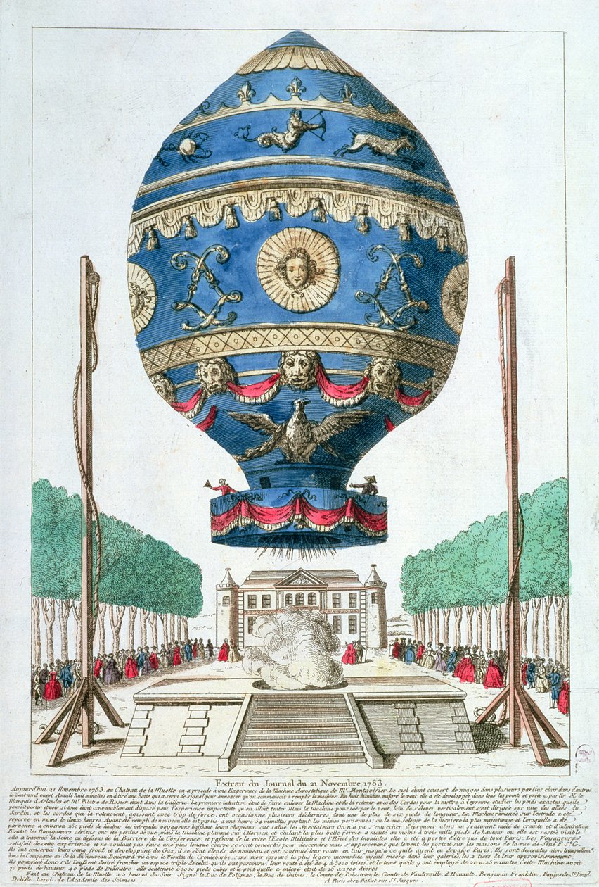 Het ballonexperiment van de gebroeders Montgolfier bij het Chateau de la Muette, 21 november 1783 door French School
