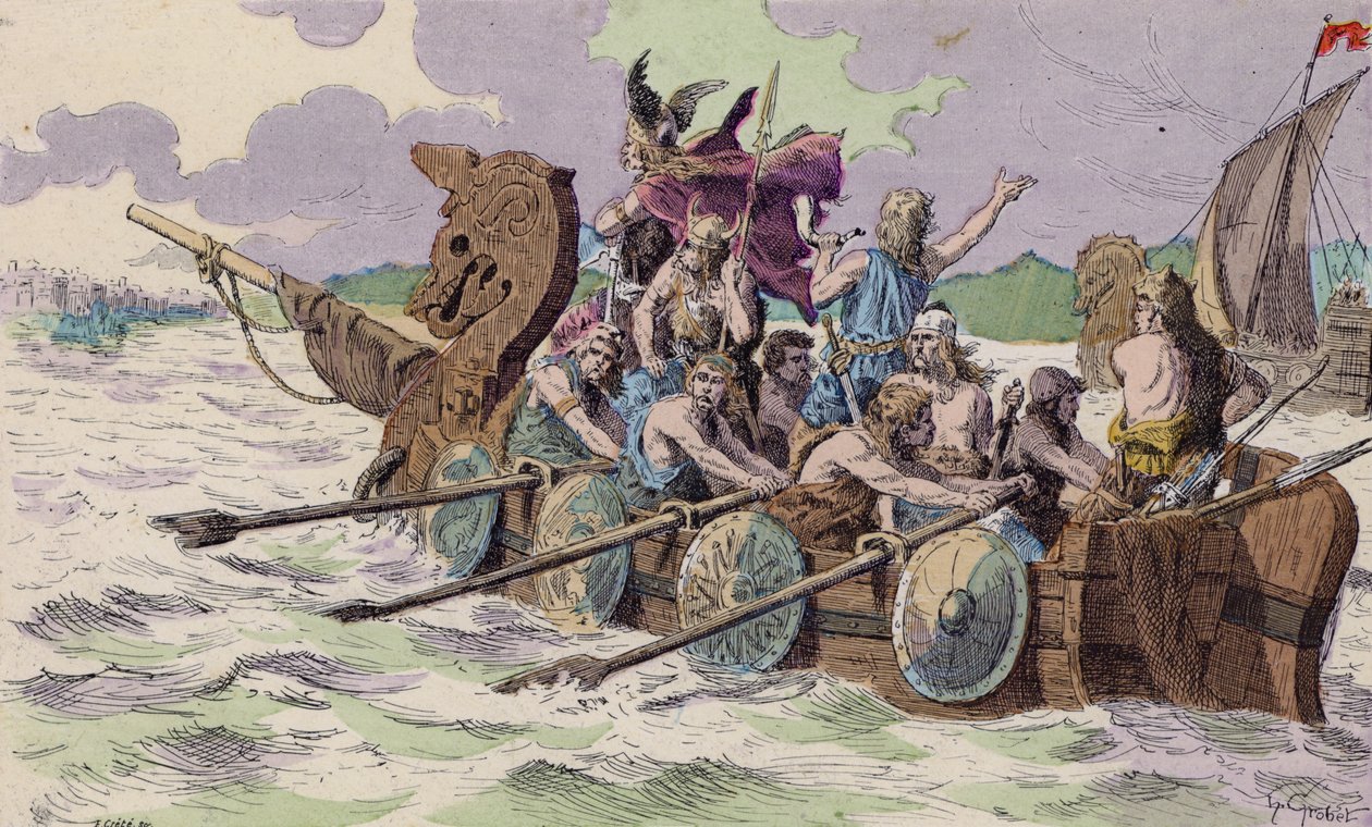 De Noormannen komen aan in Parijs, 885 (kleurenlitho) door French School