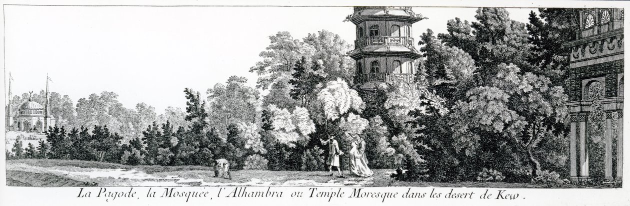 De Pagode, de Moskee en het Alhambra of Moorse Tempel in Kew, uit Jardins Anglo-Chinois a la Mode, door George Louis le Rouge, gepubliceerd 1775-78 door French School