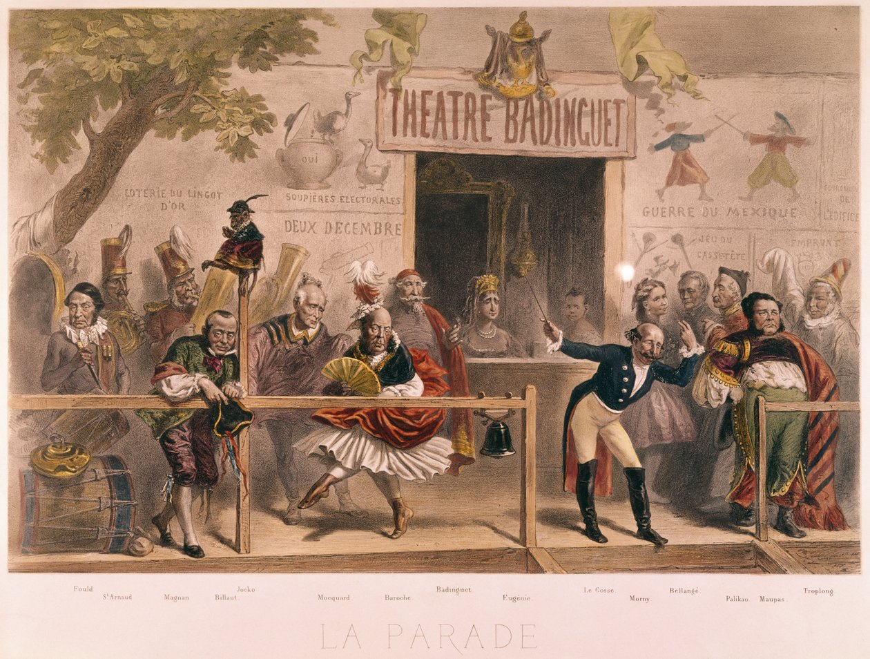 De parade, karikatuur van Napoleon III en zijn hof (1808-73), uit La Menagerie Imperiale, c.1870 door French School