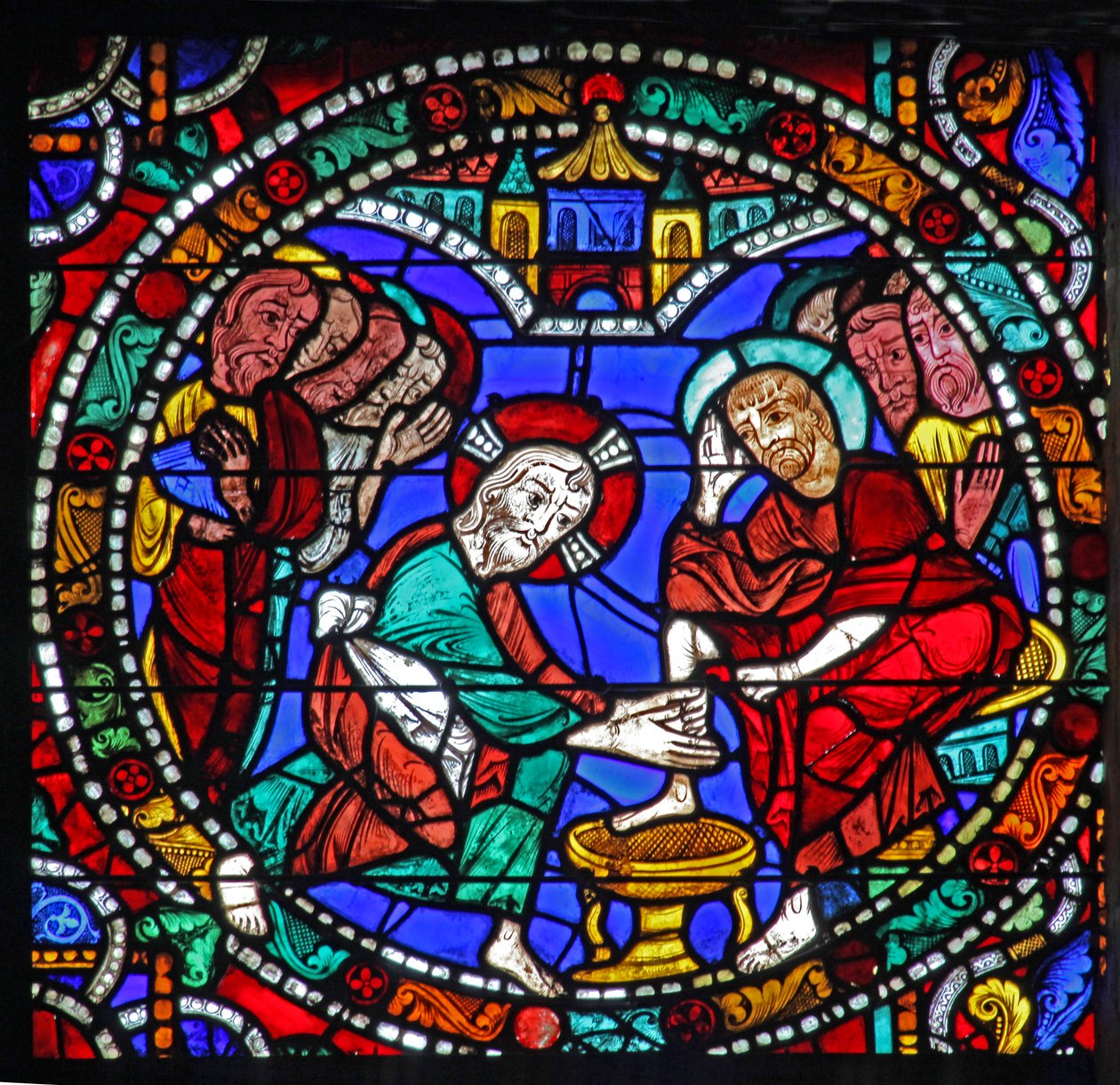 Het Passie raam: Christus wast de voeten van de discipelen door French School