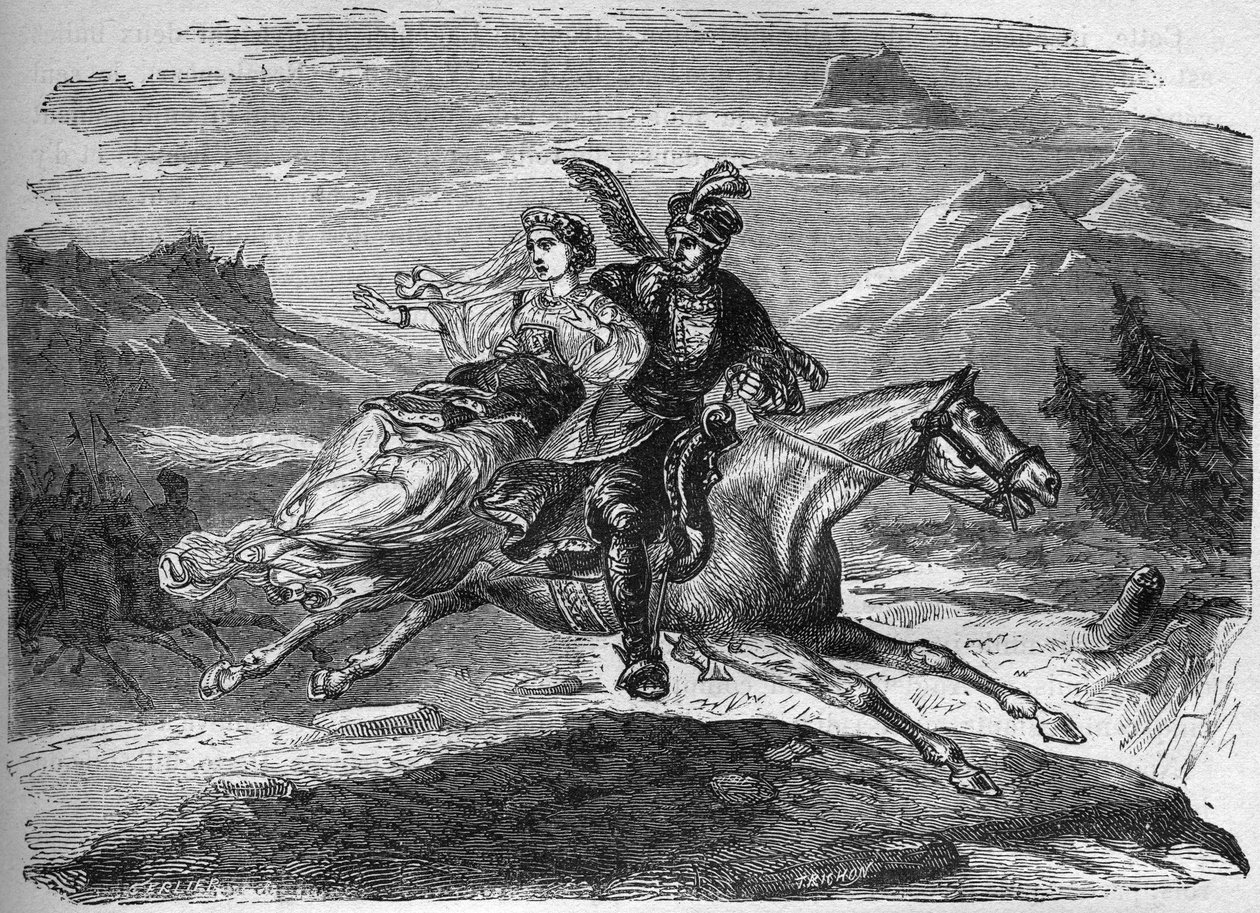De Poolse legende van prinses Heligonde en graaf van Tyniec Walgerz. De twee geliefden vluchten naar Polen. Gravure in 