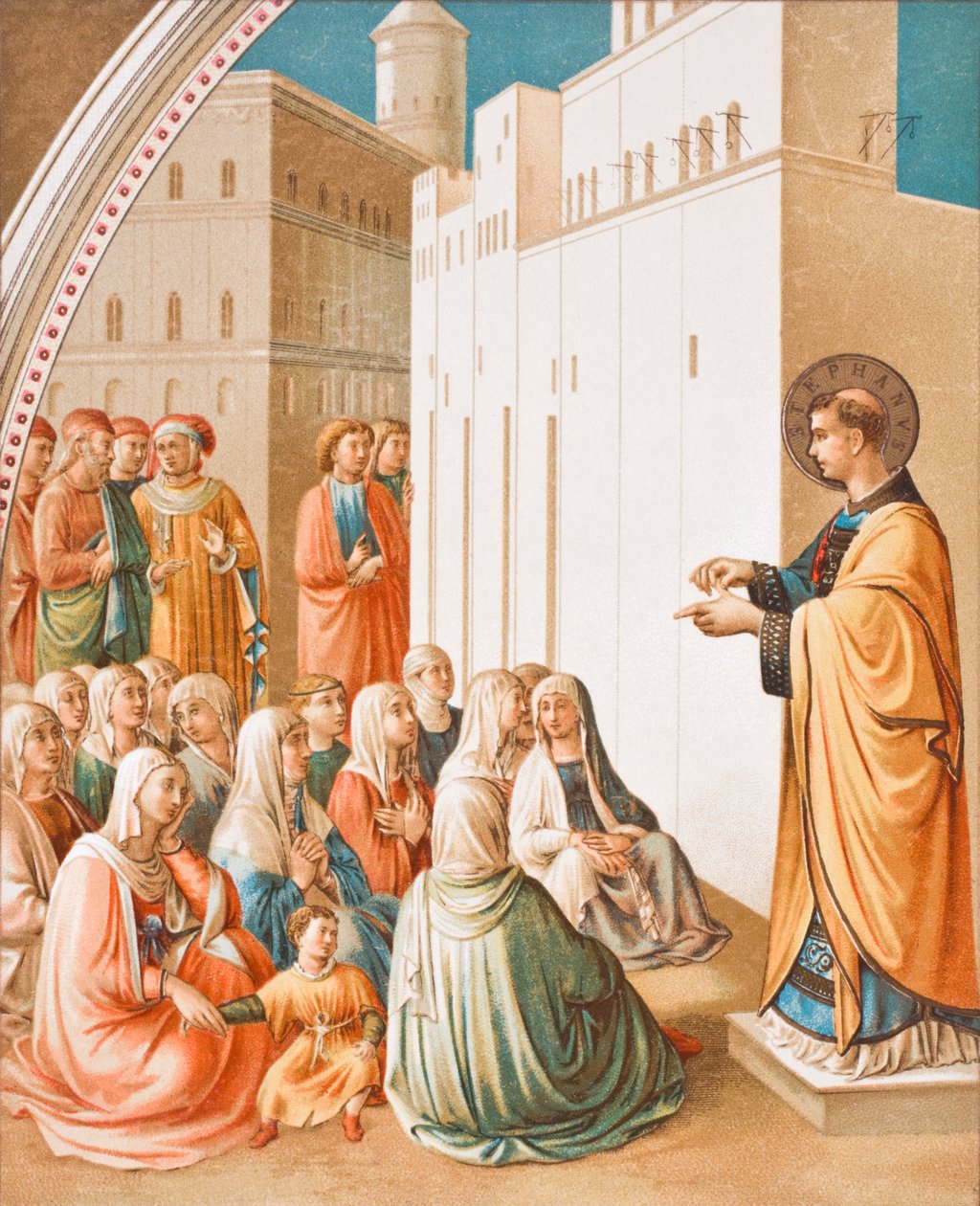 De prediking van St. Stefanus, naar de fresco schildering van Fra Angelico, uit Wetenschap en Literatuur in de Middeleeuwen door Paul Lacroix, uitgegeven in Londen 1878 door French School