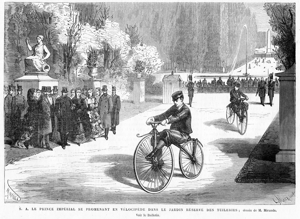 De prins keizerlijk, bekeken door zijn ouders, de keizer en keizerin, toont zijn vaardigheid in fietsen op een Michaux velocipede in de Tuilerieën, Parijs, 1869 door French School