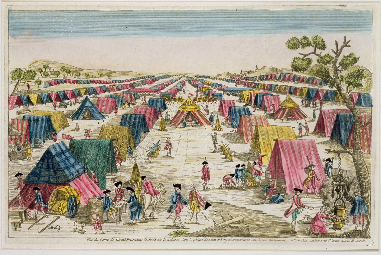 Het Pruisische Legerkamp, Getekend uit het Leven op de Velden in Pommeren, gegraveerd door Vale, c.1750 door French School