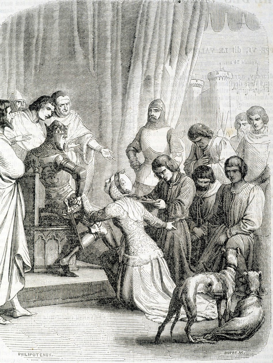 De Koningin van Engeland (Philippa van Henegouwen) vraagt genade aan haar man Edward III voor de inwoners van Calais (episode van de 6 burgers van Calais) door French School
