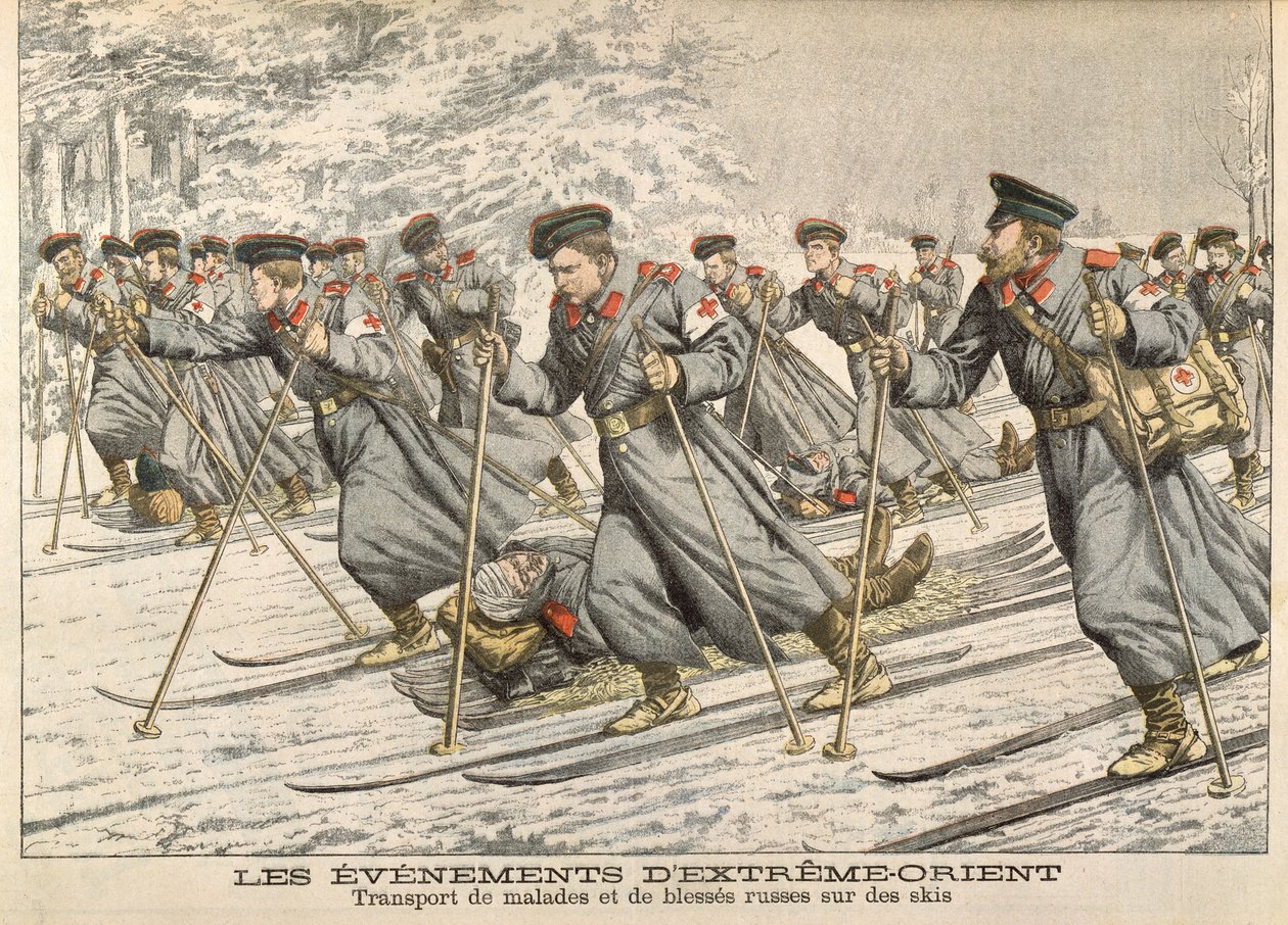 Het Rode Kruis vervoert gewonde Russen op ski