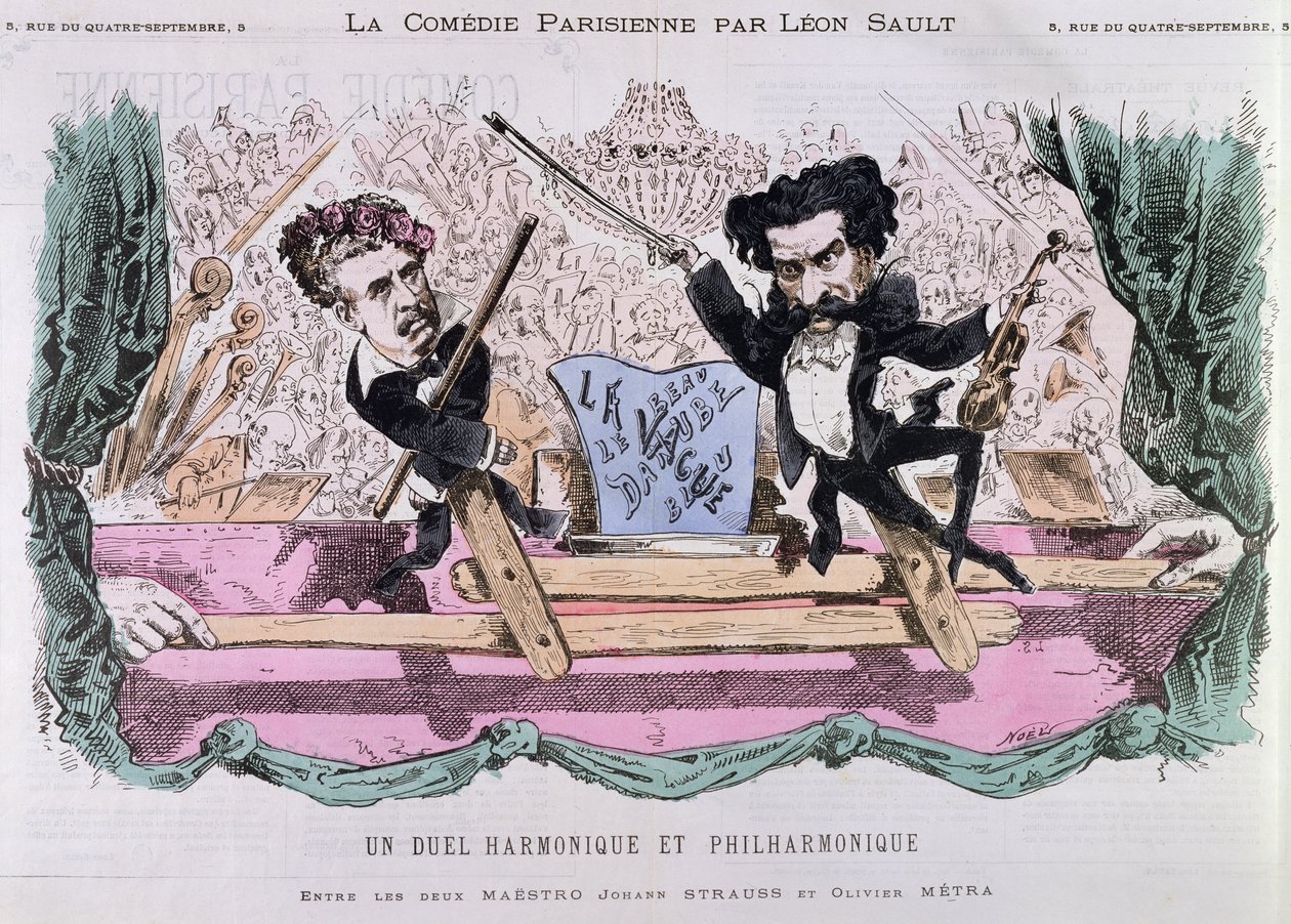 De Rivaliserende Componisten van Walsen, Johann Strauss de Jongere en Olivier Metra, ca. 1870 door French School