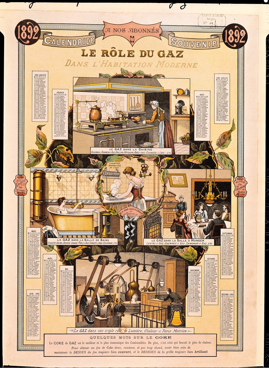 De rol van gas in moderne huizen, uit een kalender van een Frans gasbedrijf, 1892 door French School