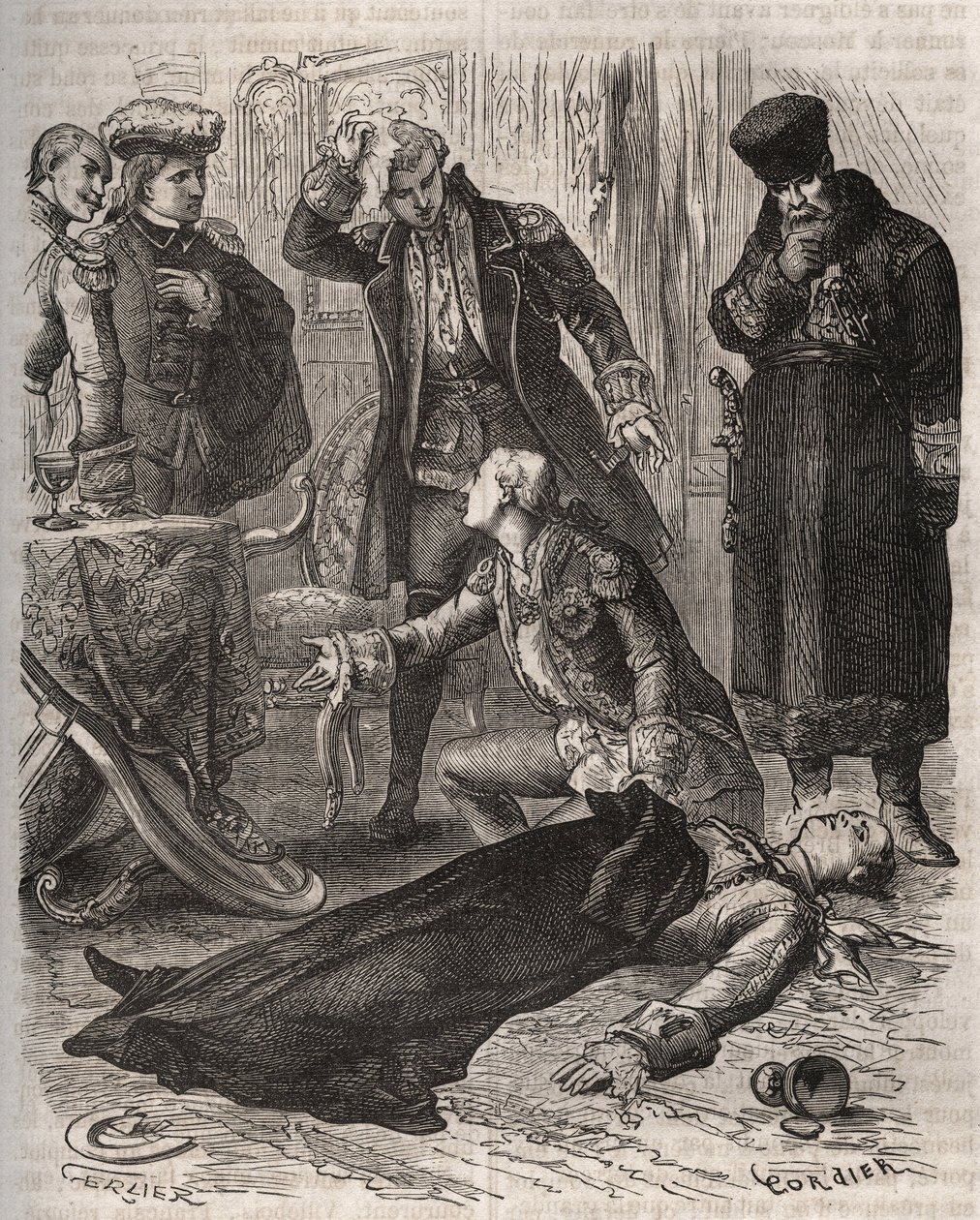 De Russische keizer Peter III (1728-1762), toegewezen aan een residentie, werd vermoord in opdracht van zijn vrouw Catharina II, die hem net had afgezet en de macht had overgenomen, door Alexei Orlov (1737-1808) en zijn bewakers op 17 juli 1762. Gravure ui door French School